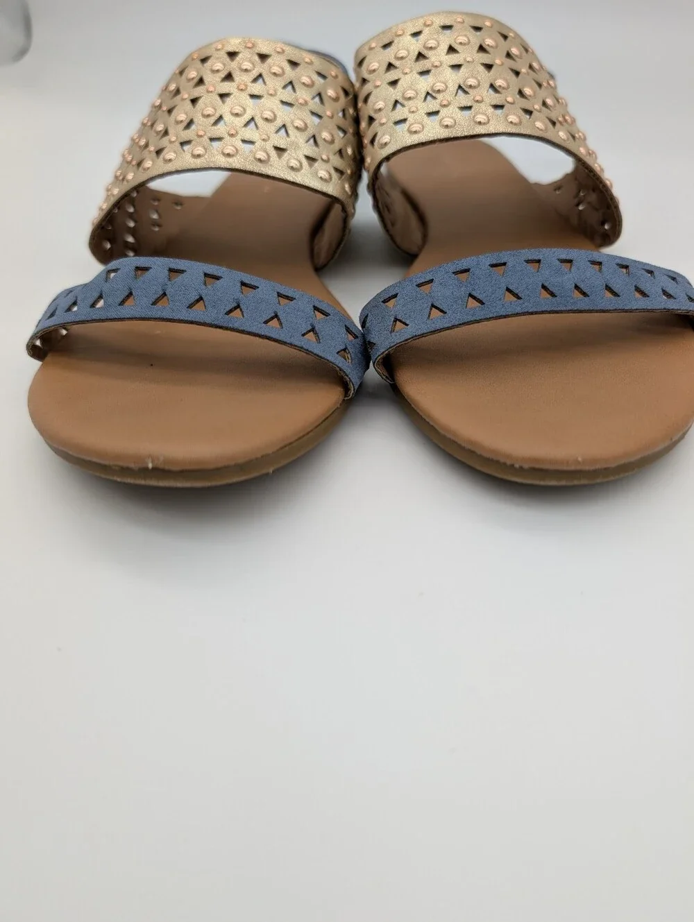 Qupid Geometric Laser Cut Studded Slingback Sandals Blue Metallic Gold